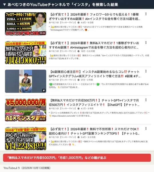 あべむつきのYouTubeチャンネルで「インスタ」を検索した結果。無料&スマホだけで月収500万円などの題と、月収1,000万円と書かれたサムネイルが並ぶ
