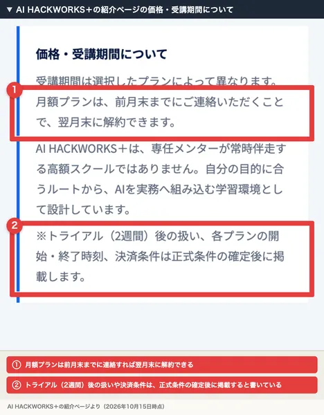AI HACKWORKS+の紹介ページの価格・受講期間について。月額プランは前月末までにご連絡いただくことで翌月末に解約できます、トライアル(2週間)後の扱い、各プランの開始・終了時刻、決済条件は正式条件の確定後に掲載しますと書かれ、赤枠で囲まれている