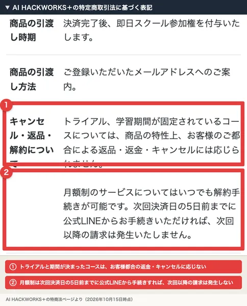 AI HACKWORKS+の特定商取引法に基づく表記。トライアル、学習期間が固定されているコースは商品の特性上お客様のご都合による返品・返金・キャンセルには応じられません、月額制のサービスは次回決済日の5日前までに公式LINEからお手続きいただければ次回以降の請求は発生しませんと書かれ、赤枠で囲まれている