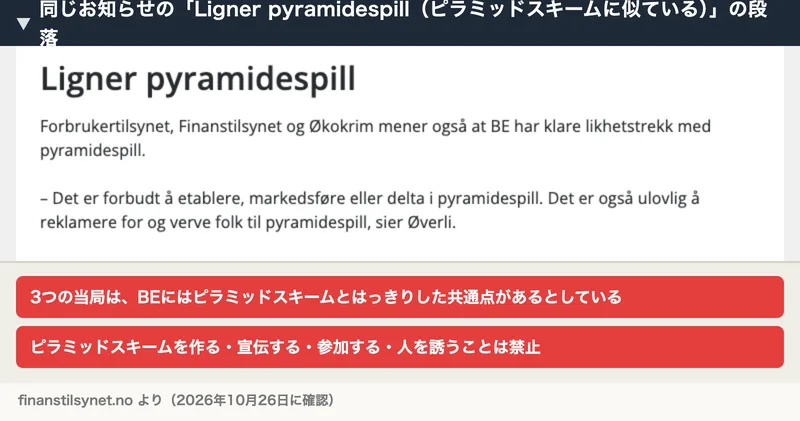 ノルウェー金融監督庁のお知らせのピラミッドスキームに似ているの段落。3つの当局はBEにピラミッドスキームとはっきりした共通点があるとし、ピラミッドスキームを作る・宣伝する・参加する・人を誘うことは禁止と書かれている