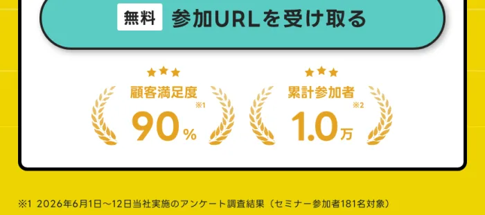 FEラボの広告の顧客満足度90%と累計参加者1.0万。2026年6月1日〜12日当社実施のアンケート調査結果、セミナー参加者181名対象と書かれている