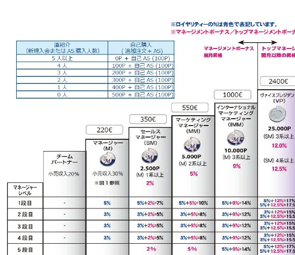 フィットラインの報酬プランの表の左側。直紹介が5人以上なら自己購入は0P＋自己AS100P、0人なら500P＋自己AS100Pと並び、チームパートナーは小売収入20%、マネージャーは30%と書かれている
