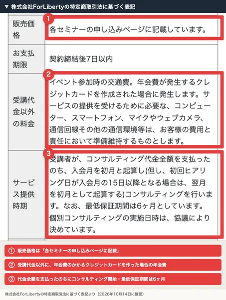 株式会社ForLibertyの特定商取引法に基づく表記。販売価格は各セミナーの申し込みページに記載、受講代金以外の料金に年会費が発生するクレジットカードを作成した場合、サービス提供時期はコンサルティング代金全額を支払ったのち、最低保証期間は6ヶ月と書かれ、赤枠と注釈が焼き込まれている