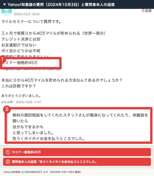Yahoo!知恵袋の2024年10月3日の質問。三ヶ月で実質0から40万マイル、セミナー価格約45万、これは詐欺ですかという質問と、質問者本人の返信「危うくホイホイお金を払うところでした」。赤枠と注釈が焼き込まれている