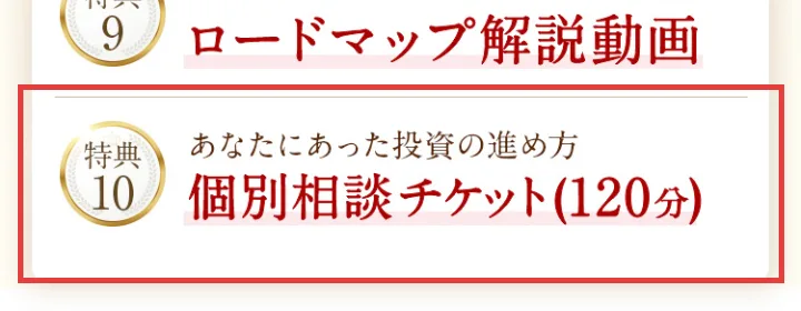 ハナミラの広告の特典10。あなたにあった投資の進め方、個別相談チケット120分と書かれている部分に赤枠