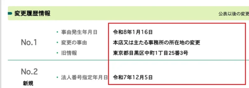 国税庁の法人番号公表サイトの株式会社8の変更履歴。令和8年1月16日に本店の所在地を東京都目黒区中町1丁目25番3号から変更、令和7年12月5日に法人番号指定と書かれ、赤枠で囲まれている