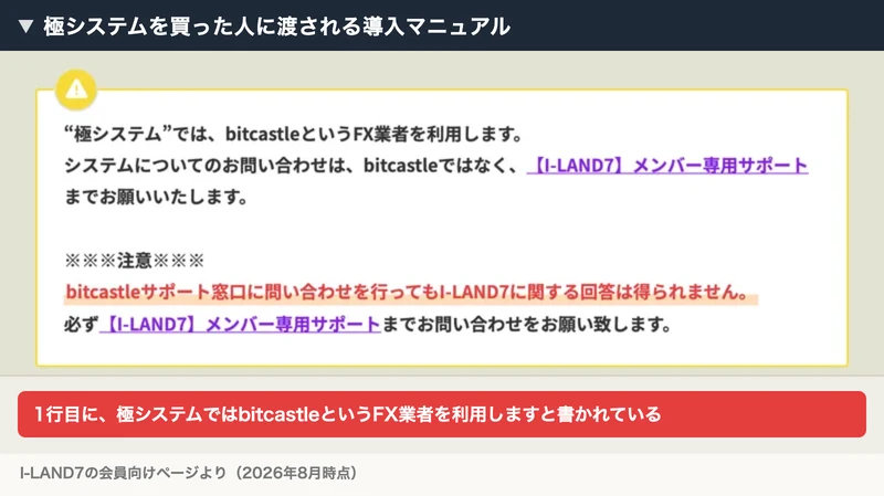 極システムの導入マニュアルの書き出し。極システムでは、bitcastleというFX業者を利用しますと書かれている