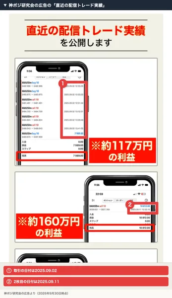 神ポジ研究会の広告の直近の配信トレード実績。取引の日付は2025.09.02と2025.09.11で、約117万円の利益、約160万円の利益と書かれている