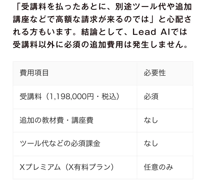 株式会社スケールメディアのブログ記事の費用の表。受講料1,198,000円は必須、追加の教材費・講座費はなし、ツール代などの必須課金はなしと書かれている