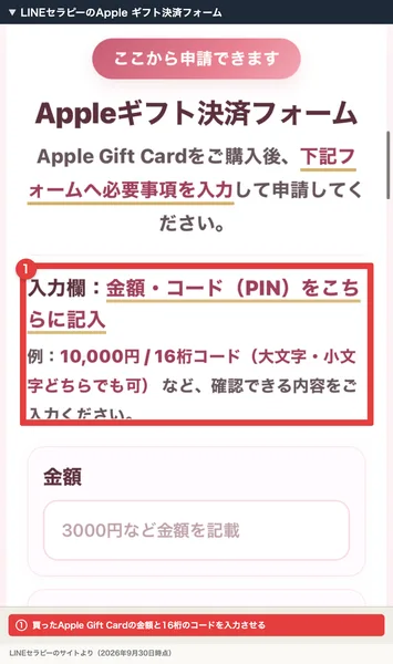 LINEセラピーのApple ギフト決済フォーム。Apple Gift Cardを購入後に下記フォームへ必要事項を入力、入力欄は金額とコード（PIN）、例として10,000円と16桁コードと書かれている