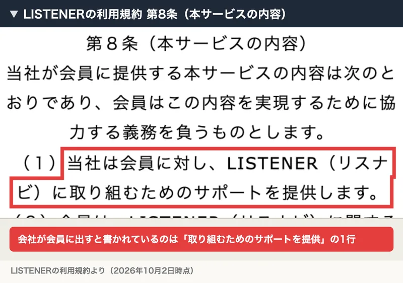 LISTENERの利用規約の第8条に、当社は会員に対し、LISTENER（リスナビ）に取り組むためのサポートを提供します、と書かれている