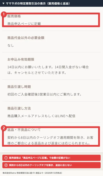 ママサポの特定商取引法の表示。販売価格は商品申込ページに記載、14日間入金がない場合はキャンセル、契約から8日以内のクーリングオフ適用期間を除き都合による返品および返金には応じられないと書かれている