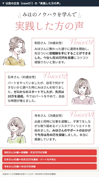 以前の広告の実践した方の声。和田さん34歳は初報酬で月30万円が目標、石本さん45歳は先月20万を達成してパートをやめた、寺本さん29歳は月40万を突破と書かれている