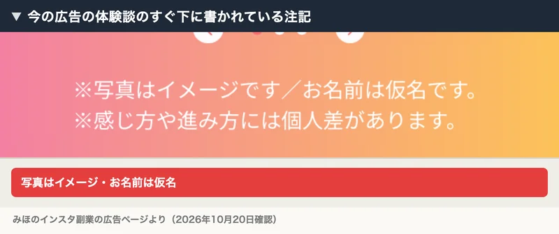今の広告の体験談の下にある注記。写真はイメージです、お名前は仮名ですと書かれている