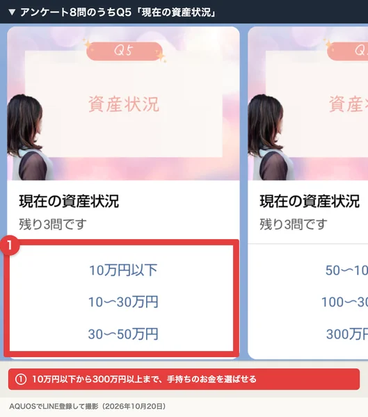アンケートの5問目、現在の資産状況。10万円以下から300万円以上まで選ぶ形になっている
