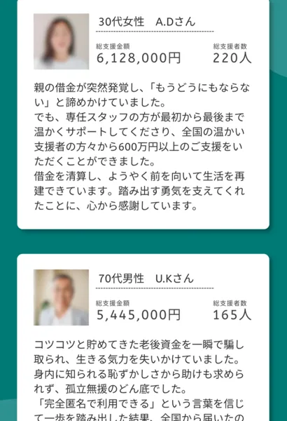 みんなのクラファンの広告に、30代女性A.Dさん総支援金額6,128,000円・支援者220人、70代男性U.Kさん総支援金額5,445,000円・支援者165人という利用者の声が載っている