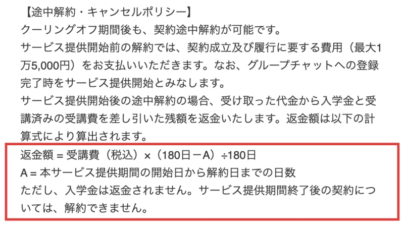 お絵描きクリエイターの特定商取引法についての表記の途中解約の欄。返金額は受講費(税込)×(180日−A)÷180日、ただし入学金は返金されません、サービス提供期間終了後の契約については解約できませんの部分に赤枠