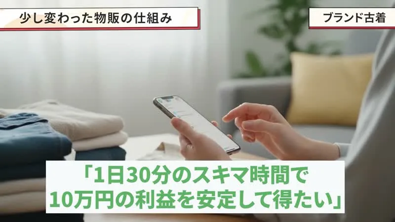 おまかせフリマ物販の動画の場面。1日30分のスキマ時間で10万円の利益を安定して得たいとテロップが出ている