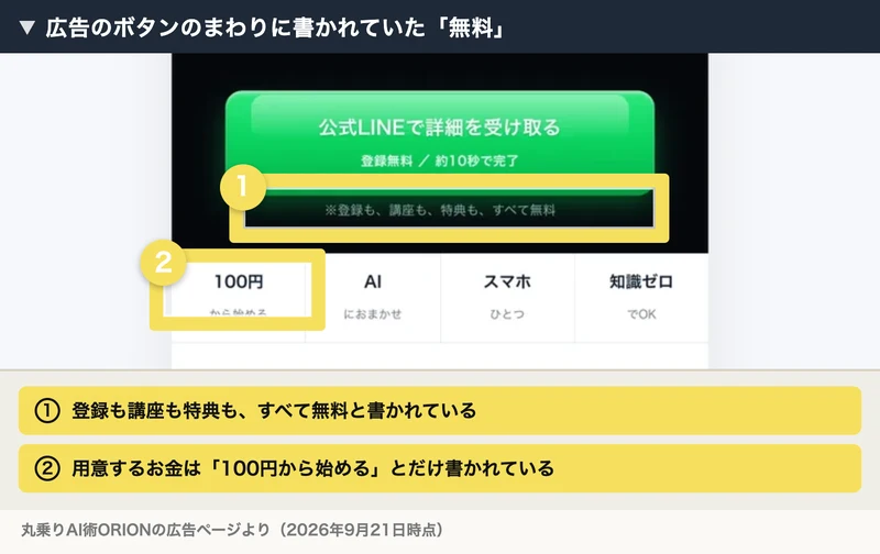 緑のボタンの下に「登録も、講座も、特典も、すべて無料」と書かれた広告ページ