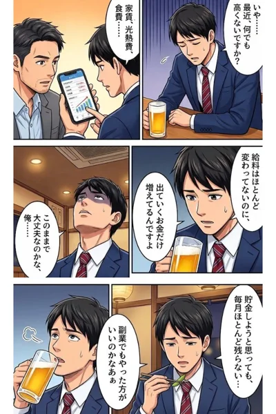 インスタ広告の漫画。居酒屋で先輩と後輩が話し、家賃や光熱費、食費が高い、給料はほとんど変わっていないのに出ていくお金だけ増えている、副業でもやった方がいいのかなとぼやいている