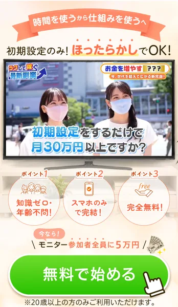 初期設定のみ、ほったらかしでOK、モニター参加者全員に5万円と書かれたページ