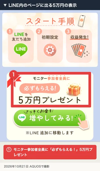 モニター参加者全員に必ずもらえる5万円プレゼントと書かれたページ