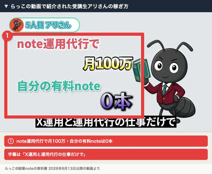 らっこの動画で紹介された受講生アリさん。note運用代行で月100万、自分の有料noteは0本と表示されている