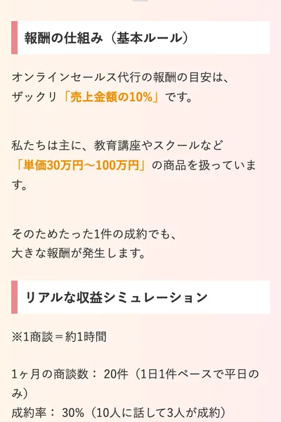 ラポール・クロージングの広告の報酬の仕組み。オンラインセールス代行の報酬の目安はザックリ売上金額の10%、私たちは主に教育講座やスクールなど単価30万円〜100万円の商品を扱っていますと書かれている