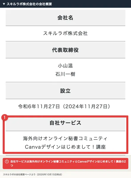 スキルラボ株式会社の会社概要。会社名スキルラボ株式会社、代表取締役小山温・石川一樹、設立令和6年11月27日、自社サービスは海外向けオンライン秘書コミュニティとCanvaデザインはじめまして！講座の2つと書かれ、赤枠で囲まれている