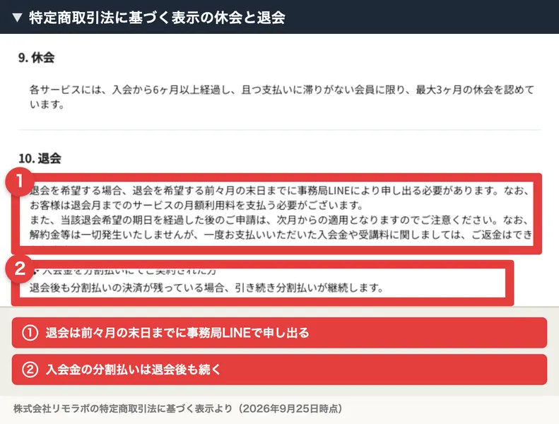 株式会社リモラボの特定商取引法に基づく表示の休会と退会。退会を希望する前々月の末日までに事務局LINEにより申し出る必要がある、退会月までの月額利用料を支払う必要がある、入会金を分割払いにした場合は退会後も分割払いが継続する、という部分が赤枠で囲まれている