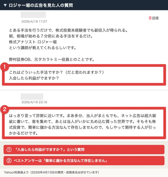 Yahoo!知恵袋の質問。朝に相場が始まる7分前の手法を教えるという株式アナリスト ロジャー堀の広告について、入会したら利益がでますかと聞き、ベストアンサーは簡単に儲かる方法なんて存在しませんと答えている