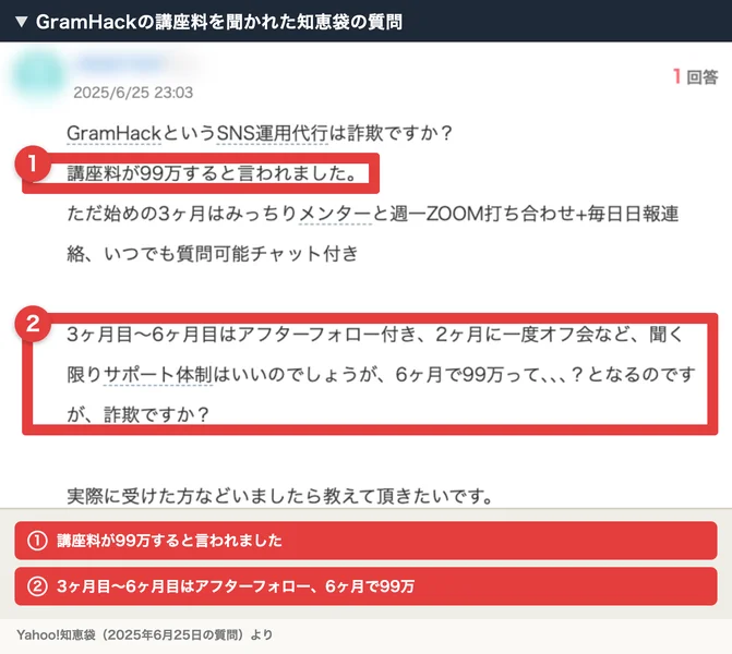 Yahoo!知恵袋の2025年6月25日の質問。GramHackの講座料が99万すると言われ、始めの3ヶ月はメンターと週一ZOOMと毎日日報、3ヶ月目〜6ヶ月目はアフターフォローで、6ヶ月で99万って？と書かれている