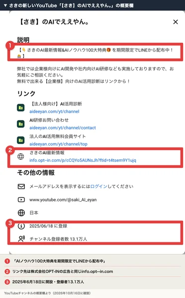 さきの新しいYouTubeチャンネル「【さき】のAIでええやん。」の概要欄。AIノウハウ100大特典を期間限定でLINEから配布中と書かれ、「さきのAI最新情報」のリンク先が株式会社OPT-INの広告と同じinfo.opt--in.comになっている