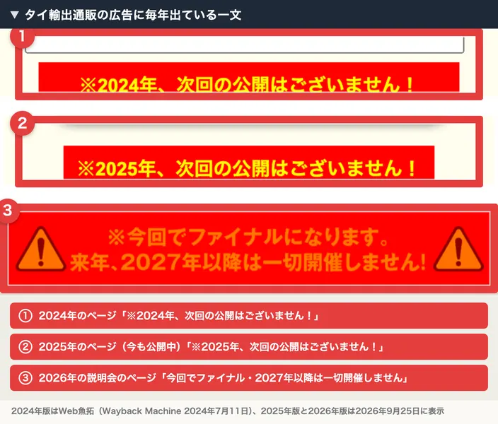タイ輸出通販の広告に毎年出ている一文。2024年のページに※2024年、次回の公開はございません!、2025年のページに※2025年、次回の公開はございません!、2026年の説明会のページに※今回でファイナルになります。来年、2027年以降は一切開催しません!と書かれ、それぞれ赤枠で囲まれている