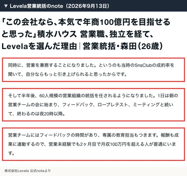 株式会社Levelaの営業統括・森田のnote。当時のSnsClubの成約率を聞いて営業を兼務したこと、半年後に60人規模の営業組織の統括を任されたこと、報酬は成果に連動し未経験でも2ヶ月目で月収100万円を超える人がいることが書かれている