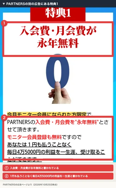 PARTNERSの別の広告にある特典1。入会費・月会費が永年無料、今月モニター会員になられた方限定でPARTNERSの入会費・月会費を永年無料とさせて頂きます、あなたは1円も払うことなく毎日4万5000円の利益を一生涯受け取ることができますと書かれ、赤枠で囲まれている