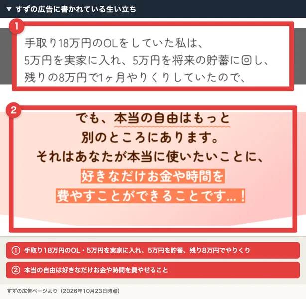 すずの広告に書かれている生い立ち。手取り18万円のOLで、5万円を実家に入れ、5万円を貯蓄、残り8万円でやりくりしていた、本当の自由は好きなだけお金や時間を費やせることと書かれている