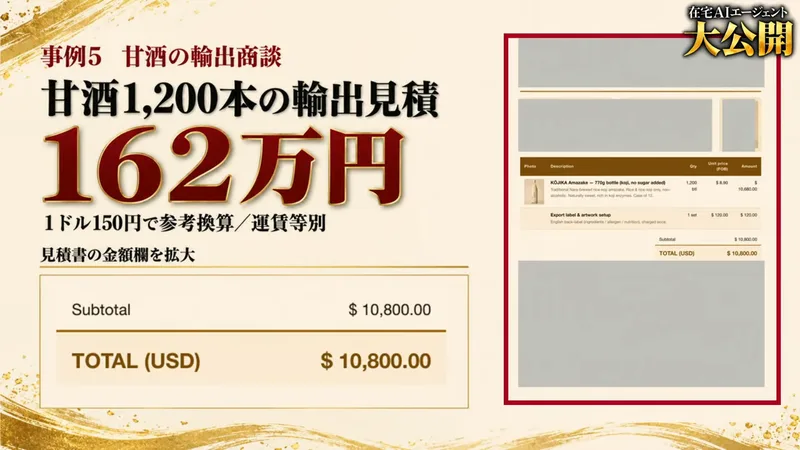 配信のスライドに、事例5 甘酒の輸出商談、甘酒1,200本の輸出見積 162万円、見積書の金額欄を拡大と書かれている