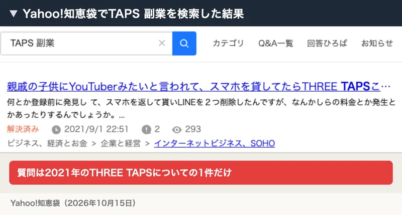 Yahoo!知恵袋でTAPS 副業を検索した結果。親戚の子供にYouTuberみたいと言われてスマホを貸していたらTHREE TAPSの副業広告を押してしまいLINEに追加してしまいましたという2021年9月1日の質問が1件だけ出ている