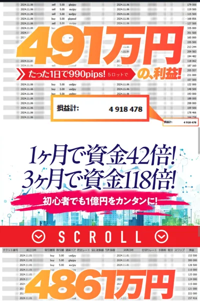 たった1日で990pips、5ロットで491万円の利益、1ヶ月で資金42倍、3ヶ月で資金118倍と書かれた広告
