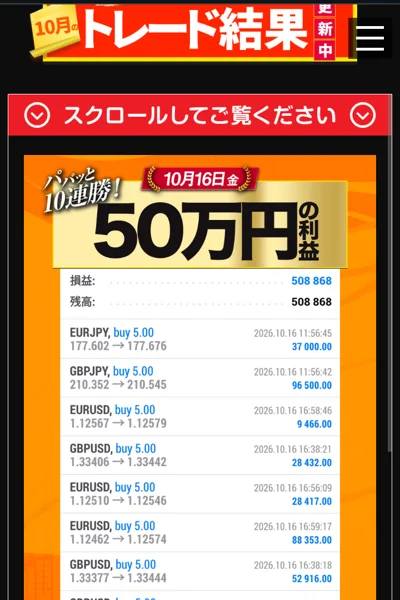 10月16日の50万円の利益と書かれたトレード結果、取引量はすべてbuy 5.00