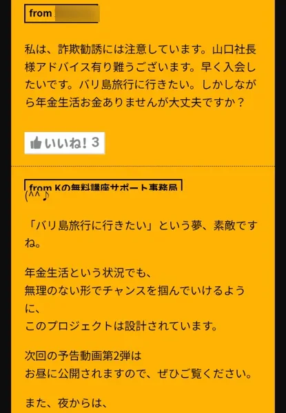 年金生活お金ありませんが大丈夫ですかという書き込みに、事務局が、年金生活という状況でも無理のない形でチャンスを掴んでいけるようにこのプロジェクトは設計されていますと返している