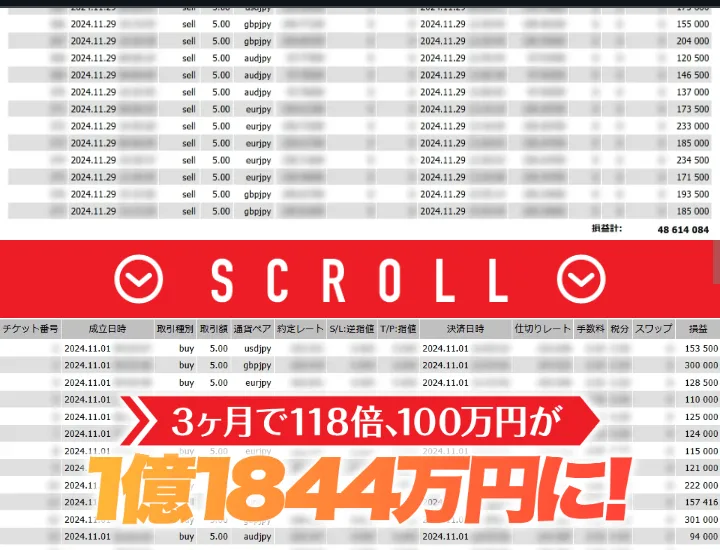3ヶ月で118倍、100万円が1億1844万円にと書かれた広告の取引履歴、取引量はすべて5.00で日付は2024年11月