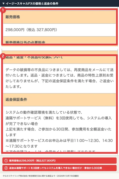 クロスリテイリング株式会社の特商法の表記、イージースキャルFXの販売価格は298,000円、税込327,800円、返金は遠隔サポートを3回使ってもシステムを導入できない場合だけと書かれている