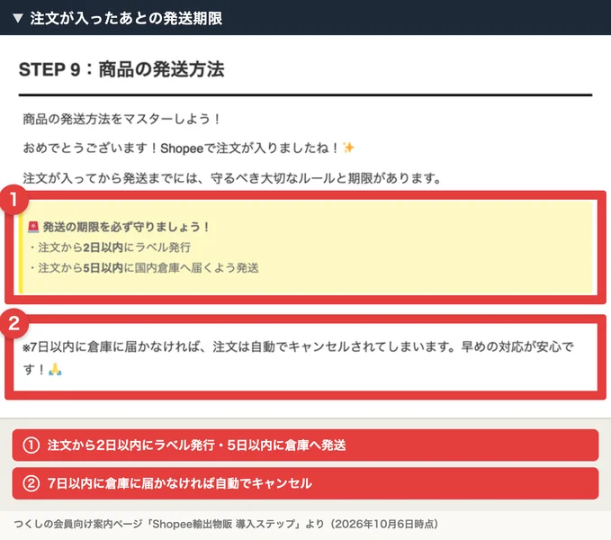 つくしの会員向け案内ページの発送方法の章。注文から2日以内にラベル発行、注文から5日以内に国内倉庫へ届くよう発送と書かれ、7日以内に倉庫に届かなければ注文は自動でキャンセルされますと続いている