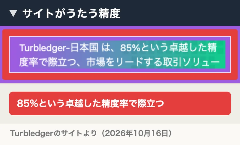 Turbledgerのサイトの説明。Turbledger-日本国は85%という卓越した精度率で際立つと書かれている