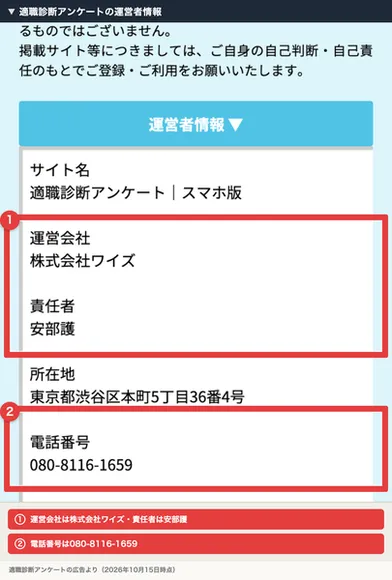 適職診断アンケートの運営者情報。サイト名は適職診断アンケート｜スマホ版、株式会社ワイズと安部護の名前、所在地は東京都渋谷区本町5丁目36番4号、電話番号は080-8116-1659と書かれ、赤枠で囲まれている
