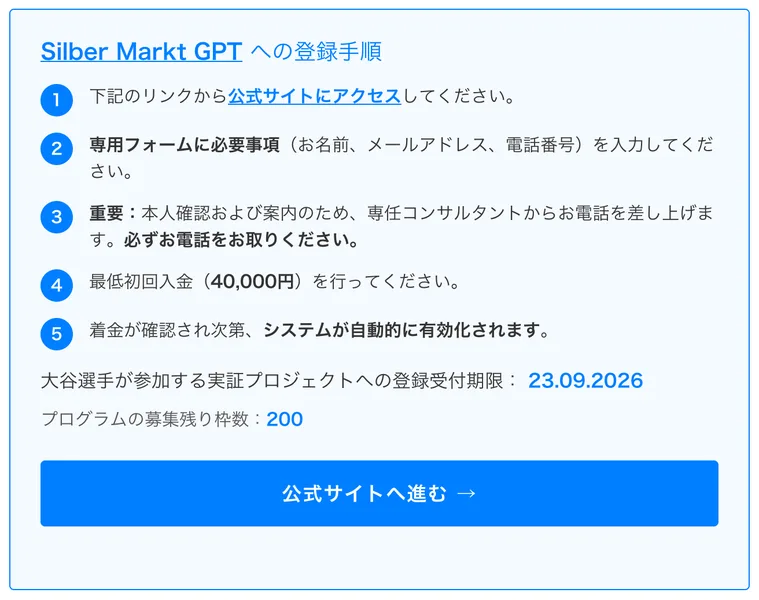 Silber Markt GPTへの登録手順という見出しで、最低初回入金40,000円、登録受付期限23.09.2026、募集残り枠数200と書かれた囲み