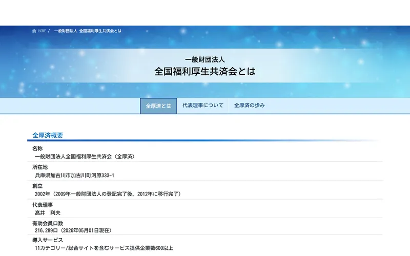 全厚済の会社概要ページ。名称・所在地・代表理事・会員数が記載されている