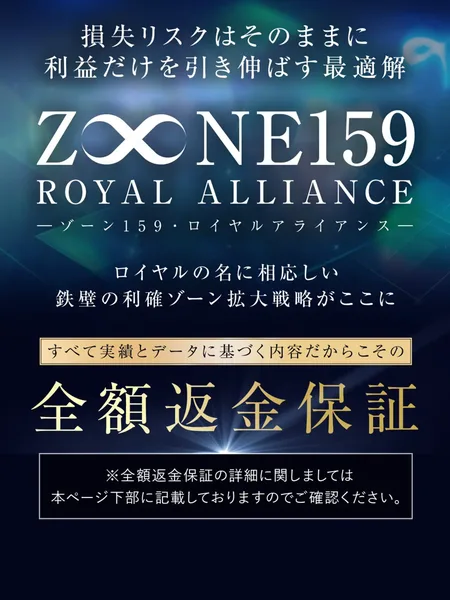 ZONE159の払った人向けのページに、損失リスクはそのままに利益だけを引き伸ばす最適解、Z∞NE159 ROYAL ALLIANCEと書かれている